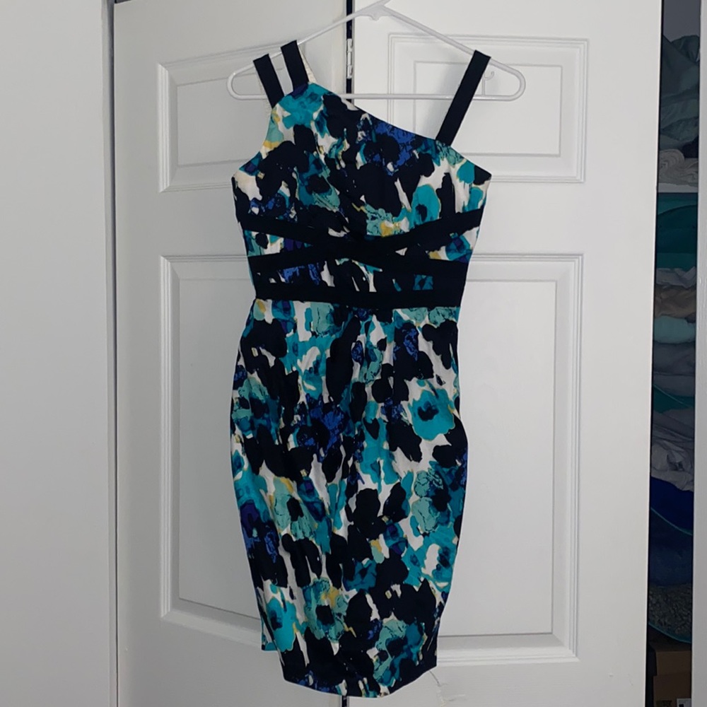 JAX Black Label floral blue, teal, black sheath mini dress